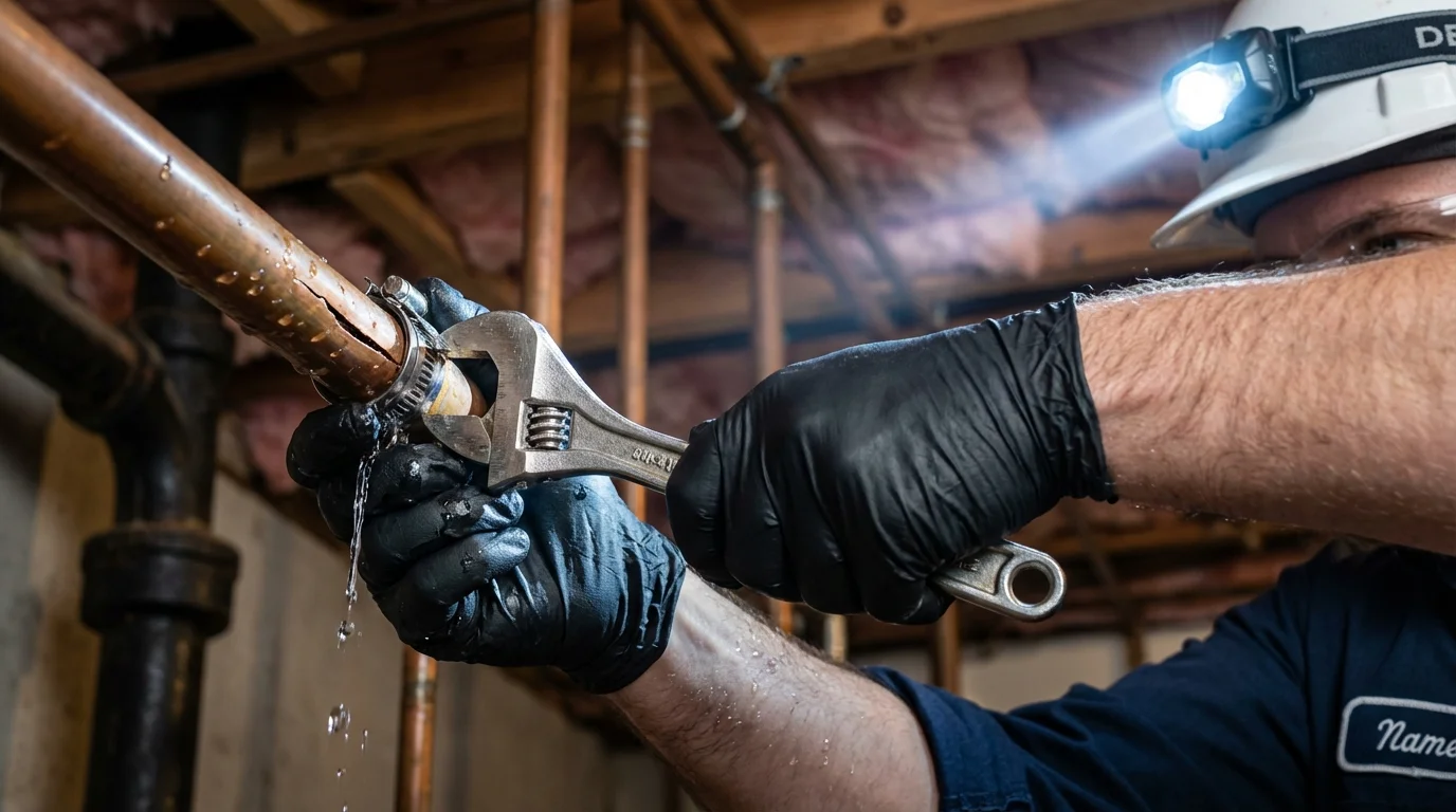 Emergency pipe clamp repair being performed by a Johns Plumbing LLC plumber in Lewistown