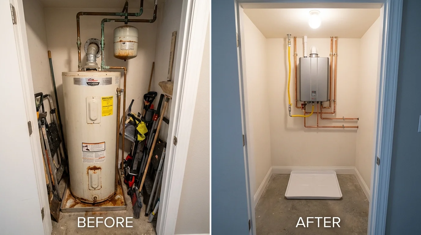 Tank water heater versus wall-mounted tankless unit comparison for Lewistown, PA homeowners
