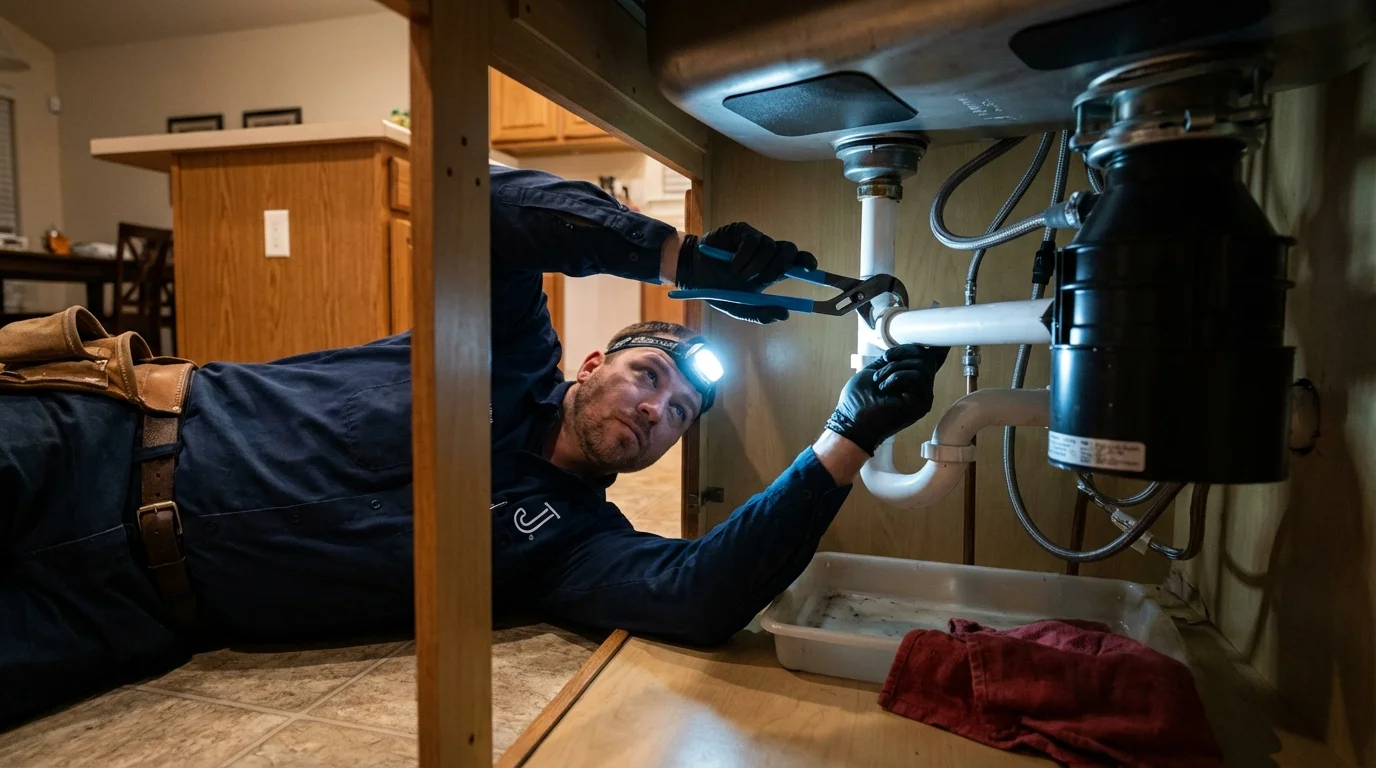 P-trap and supply line connections under a kitchen sink showing a common leak point in Lewistown, PA